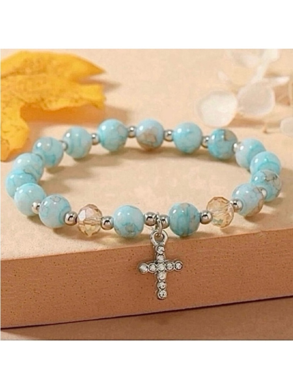 🆕- Rhinestone Cross Charm Beaded Bracelet. 💖HOST PICK💖